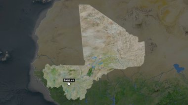 Mali 'nin başkent noktası ve semtinin doyumsuz haritasında işaretlenmiş bölgesi. Uydu görüntüleri