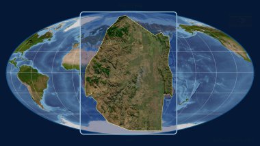 Mollweide projeksiyonundaki küresel bir haritaya karşı Svaziland 'ın perspektif çizgileriyle yakınlaştırılmış görüntüsü. Şekil merkezli. uydu resimleri
