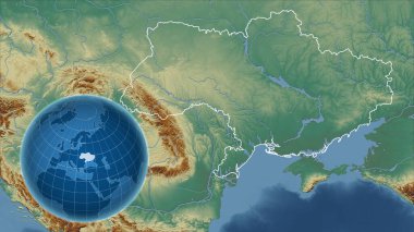 Ukrayna. Zoom haritasına karşı ülkenin şekline sahip bir dünya. topografik yardım haritası