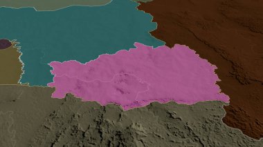 Kedougou- Senegal bölgesi yakınlaştırıldı ve altı çizildi. İdari bölümün renkli ve çarpık haritası. 3B görüntüleme