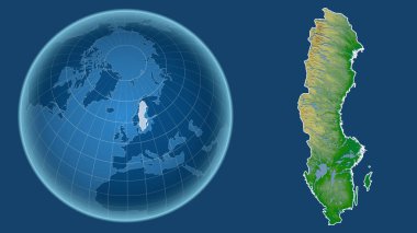 İsveç. Yakınlaştırılmış haritaya karşı ülkenin şekline sahip dünya mavi arka planda izole edilmiş. renk fiziksel haritası