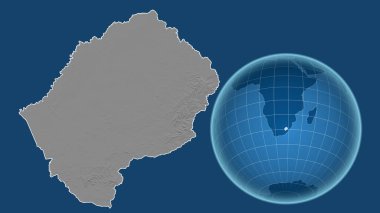 Lesotho. Yakınlaştırılmış haritaya karşı ülkenin şekline sahip dünya mavi arka planda izole edilmiş. Gri tonlama yükseklik haritası