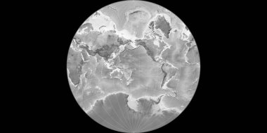 Lambert-Lagrange projeksiyonundaki dünya haritası 170 Batı boylamında merkez alınmıştır. Gri tonlama yükseklik haritası. Raster 'ın ham bileşimi. 3B illüstrasyon