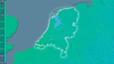 Efsanevi stereografik projeksiyonda Hollanda 'nın en soğuk ayının en düşük sıcaklığı - ışık saçan dış hatlı raster tabakalarının ham bileşimi
