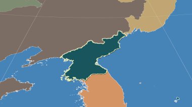 Kuzey Kore ve mahallesi. Uzak eğimli perspektif - şekil çizilmiş. idari bölümlerin renk haritası