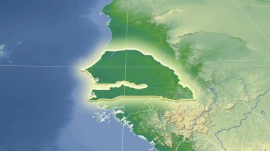 Senegal ve mahallesi. Uzak eğimli perspektif - şekil parlıyordu. renk fiziksel haritası