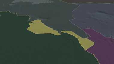 Khorezm - Özbekistan bölgesi yakınlaştırıldı ve altı çizildi. İdari bölümün renkli ve çarpık haritası. 3B görüntüleme