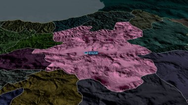 Erzurum - Türkiye 'nin başkenti yakınlaştırıldı ve sermaye ile vurgulandı. İdari bölümün renkli ve çarpık haritası. 3B görüntüleme