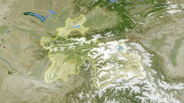 Tajikistan area on the satellite B map in the stereographic projection - raw composition of raster layers with light glowing outline clipart