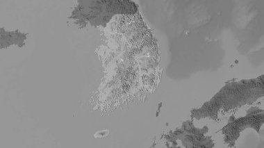 Stereografik projeksiyondaki gri tonlama yükseklik haritasında Güney Kore bölgesi - raster katmanlarının ham bileşimi