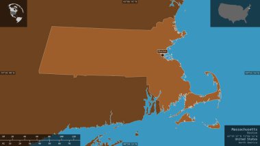 Massachusetts, Birleşik Devletler Eyaleti. Gölleri ve nehirleri olan katı yapılar. Ülke alanına karşı bilgilendirici örtülerle sunulan şekil. 3B görüntüleme