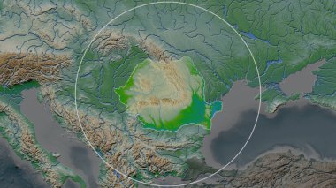 Romanya 'nın genişletilmiş bölgesi, çevresinin arka planında bir daire ile çevrili. Renk fiziksel haritası