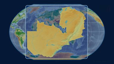 Zambiya 'nın, Kavrayskiy projeksiyonundaki küresel haritaya karşı perspektif çizgileriyle yakınlaştırılmış görüntüsü. Şekil merkezli. renk fiziksel haritası