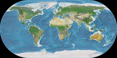 Ortelius Oval projeksiyonunun dünya haritası 11 doğu boylamında. Uydu görüntüleri A - Raster 'ın nadide bileşimi. 3B illüstrasyon