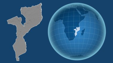 Mozambik 'te. Yakınlaştırılmış haritaya karşı ülkenin şekline sahip dünya mavi arka planda izole edilmiş. Gri tonlama yükseklik haritası