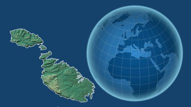 Malta. Yakınlaştırılmış haritaya karşı ülkenin şekline sahip dünya mavi arka planda izole edilmiş. topografik yardım haritası