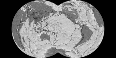 Maurer Full Globular projeksiyonundaki dünya haritası 170 Batı boylamında merkez alınmıştır. Çift seviyeli topografik harita - gratikül ve tektonik levhalar kenarlı raster bileşimi. 3B illüstrasyon