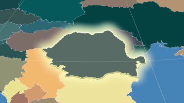 Romanya ve komşuları. Uzak eğimli perspektif - şekil parlıyordu. idari bölümlerin renk haritası