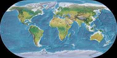 Ortelius Oval projeksiyonunun dünya haritası 11 doğu boylamında. Ana fizyolojik manzara özellikleri. Raster 'ın ham bileşimi. 3B illüstrasyon