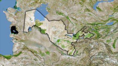 Uydudaki Özbekistan alanı stereografik projeksiyondaki bir harita - koyu parlak çizgili raster tabakalarının ham bileşimi