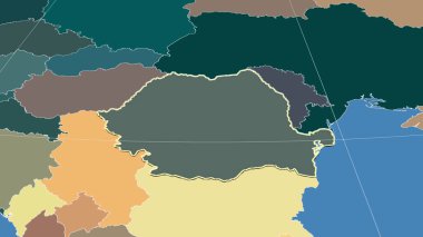 Romanya ve komşuları. Uzak eğimli perspektif - şekil çizilmiş. idari bölümlerin renk haritası