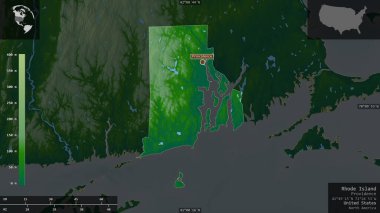 Rhode Island, Birleşik Devletler Eyaleti. Gölleri ve nehirleri olan renkli gölge verileri. Ülke alanına karşı bilgilendirici örtülerle sunulan şekil. 3B görüntüleme