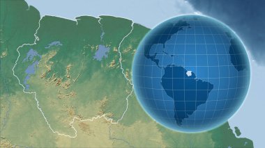 Surinam. Zoom haritasına karşı ülkenin şekline sahip bir dünya. topografik yardım haritası
