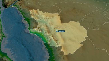 Al Madinah - Suudi Arabistan bölgesi büyüyüp sermaye ile vurgulandı. Ana fiziksel manzara özellikleri. 3B görüntüleme