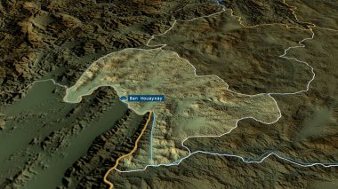 Bokeo - Laos vilayeti sermaye ile yakınlaştırıldı ve vurgulandı. Ana fiziksel manzara özellikleri. 3B görüntüleme