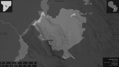 Cordillera, Paraguay Bölümü. Gölleri ve nehirleri olan gri tonlu bir harita. Ülke alanına karşı bilgilendirici örtülerle sunulan şekil. 3B görüntüleme