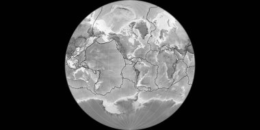 Van Der Grinten projeksiyonundaki dünya haritası 90 Batı boylamı üzerine kuruludur. Gri tonlama yükseklik haritası - gratikül ve tektonik plakalar kenarlı raster bileşimi. 3B illüstrasyon