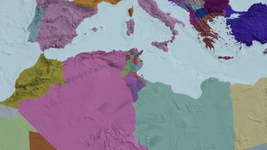 Tunus yakınlaştı ve yakınlaştı. İdari bölümün renkli ve çarpık haritası. 3B görüntüleme