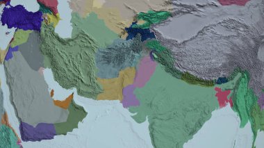 Pakistan yakınlaştı ve yakınlaştı. İdari bölümün renkli ve çarpık haritası. 3B görüntüleme