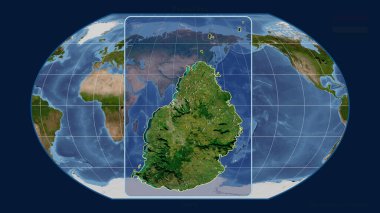 Mauritius 'un, Kavrayskiy projeksiyonundaki küresel haritaya karşı perspektif çizgileriyle yakınlaştırılmış görüntüsü. Şekil merkezli. uydu resimleri