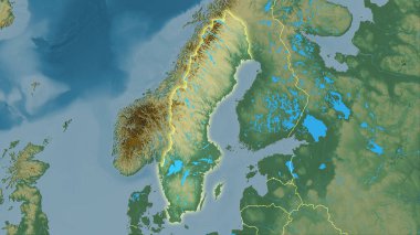 Sweden area on the topographic relief map in the stereographic projection - raw composition of raster layers with light glowing outline clipart