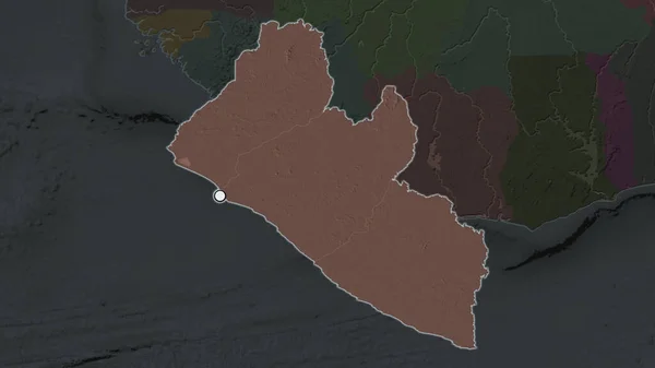 Podkreślony Obszar Liberii Stolicą Zdesperowanej Mapie Sąsiedztwa Mapa Kolorów Podziału — Zdjęcie stockowe