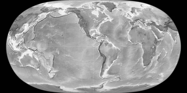 西の経度90を中心とした自然地球の投影における世界地図 グレースケール標高地図 グレースケールとラスターの生の複合体 3Dイラスト — ストック写真