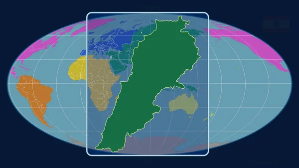 在Mollweide投影中 用透视线与全球地图对齐 放大了黎巴嫩的轮廓 形体中心 各大洲的彩色地图 — 图库照片