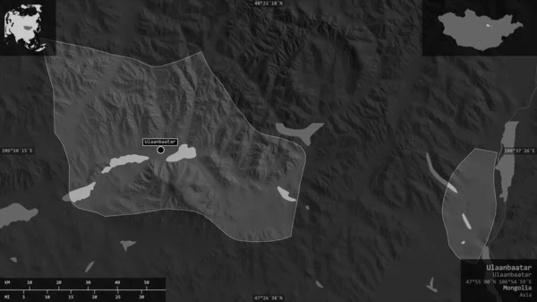 Ulaanbaatar Mongólia Városa Szürkeárnyas Térkép Tavakkal Folyókkal Alakzat Tájékoztató Jellegű — Stock Fotó