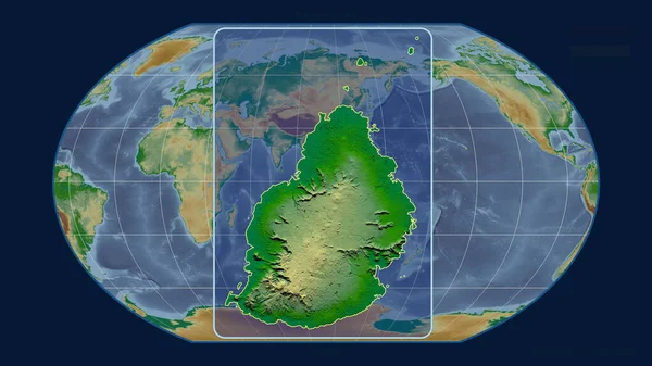 モーリシャスのアウトラインを視野に入れ 世界地図に対する視点線をカヴァライスキー投影で拡大した 形を中心に 色物理図 — ストック写真