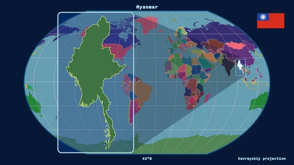カヴァライスキー プロジェクションの世界地図に対する視点線でミャンマーのアウトラインを拡大表示 左側の形 行政区画のカラーマップ — ストック写真