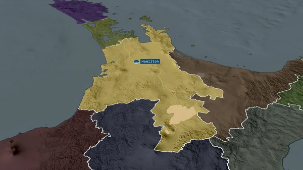 Waikato - regional council of New Zealand zoomed and highlighted with capital. Colored and bumped map of the administrative division. 3D rendering