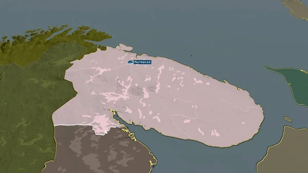 Murmansk Região Rússia Ampliada Destacada Com Capital Mapa Colorido Esburacado — Fotografia de Stock