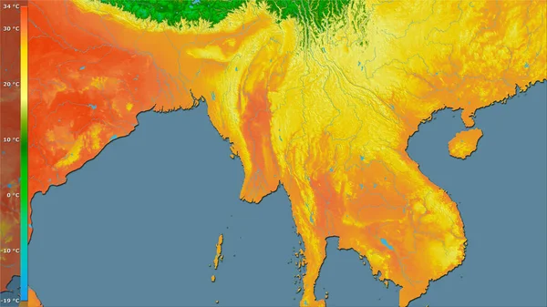 ミャンマー地域内で最も暖かい四半期の平均気温は 凡例と立体投影 ラスター層の生の組成 — ストック写真