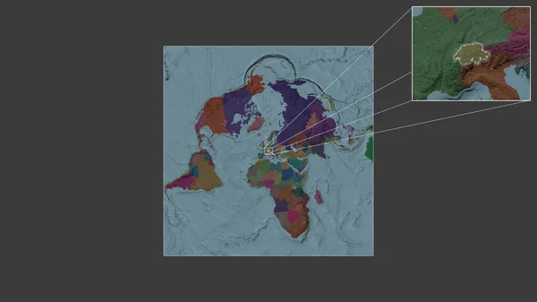 从世界大比例尺地图中提取出的扩大和扩大的瑞士区域 其主要线连接了框架的各个角落 行政区划的彩色地图 — 图库照片