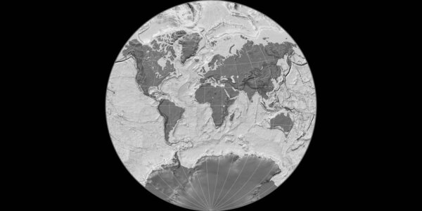 World map in the Van Der Grinten projection centered on 11 East longitude. Bilevel topographic map - raw composite of raster with graticule. 3D illustration