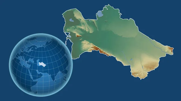 Туркменістан Глобус Формі Країни Проти Збільшеної Карти Контуром Ізольованим Синьому — стокове фото