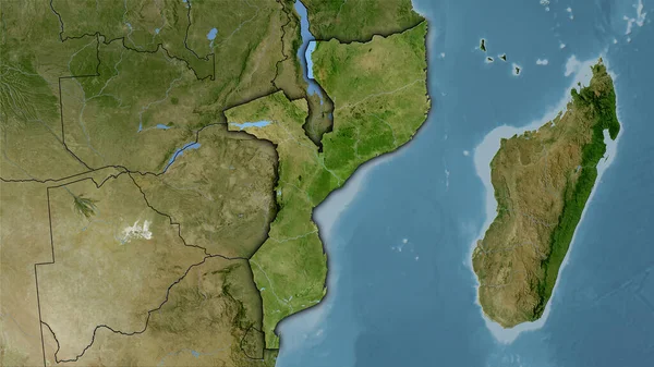 卫星B地图上的莫桑比克地区立体投影 暗光轮廓光栅层的原始组成 — 图库照片