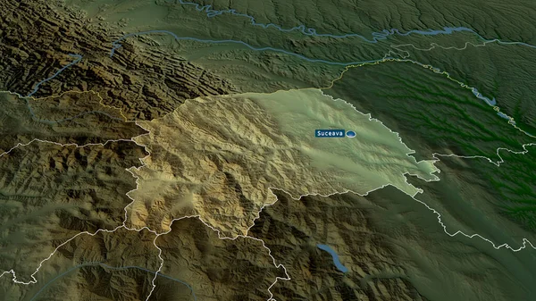 スセヴァ ルーマニアの郡は首都で拡大し 強調表示された 主な物理的な風景機能 3Dレンダリング — ストック写真