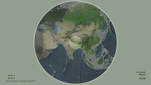 Oblast Nepálu Označená Kruhem Rozsáhlé Mapě Světadílu Izolované Odumřelém Pozadí — Stock fotografie